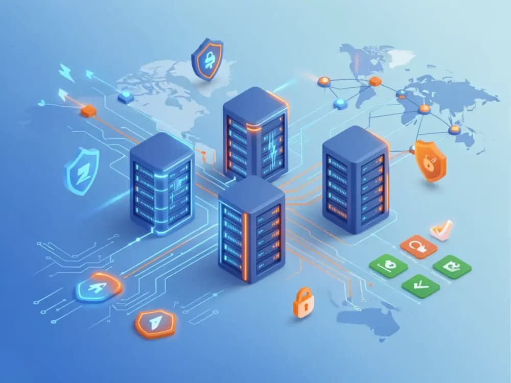 Enterprise-grade web hosting infrastructure with cloud servers and global network connectivity
